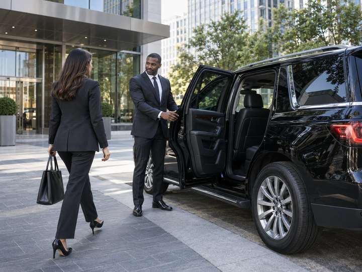 A driver holding the door of an SUV for a business traveler